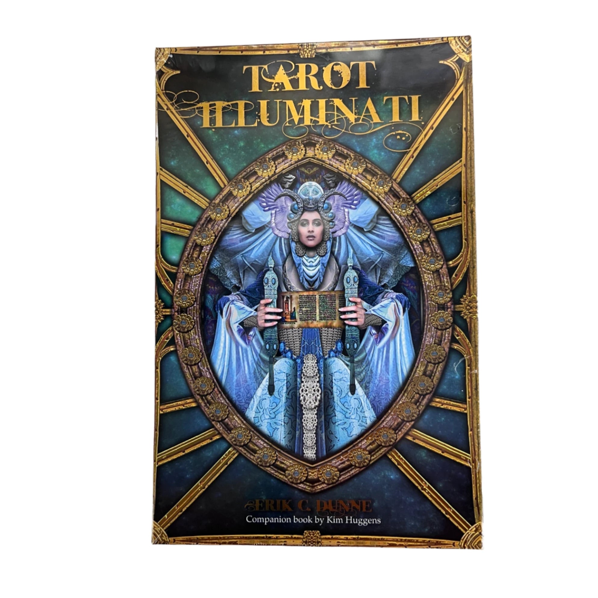 tarot illuminati image of woman o a gold and blue box 