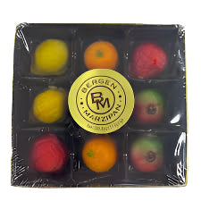 square box with see through lid and colored fruit 