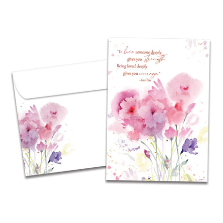 Strength and Courage  white card with pink flowers 