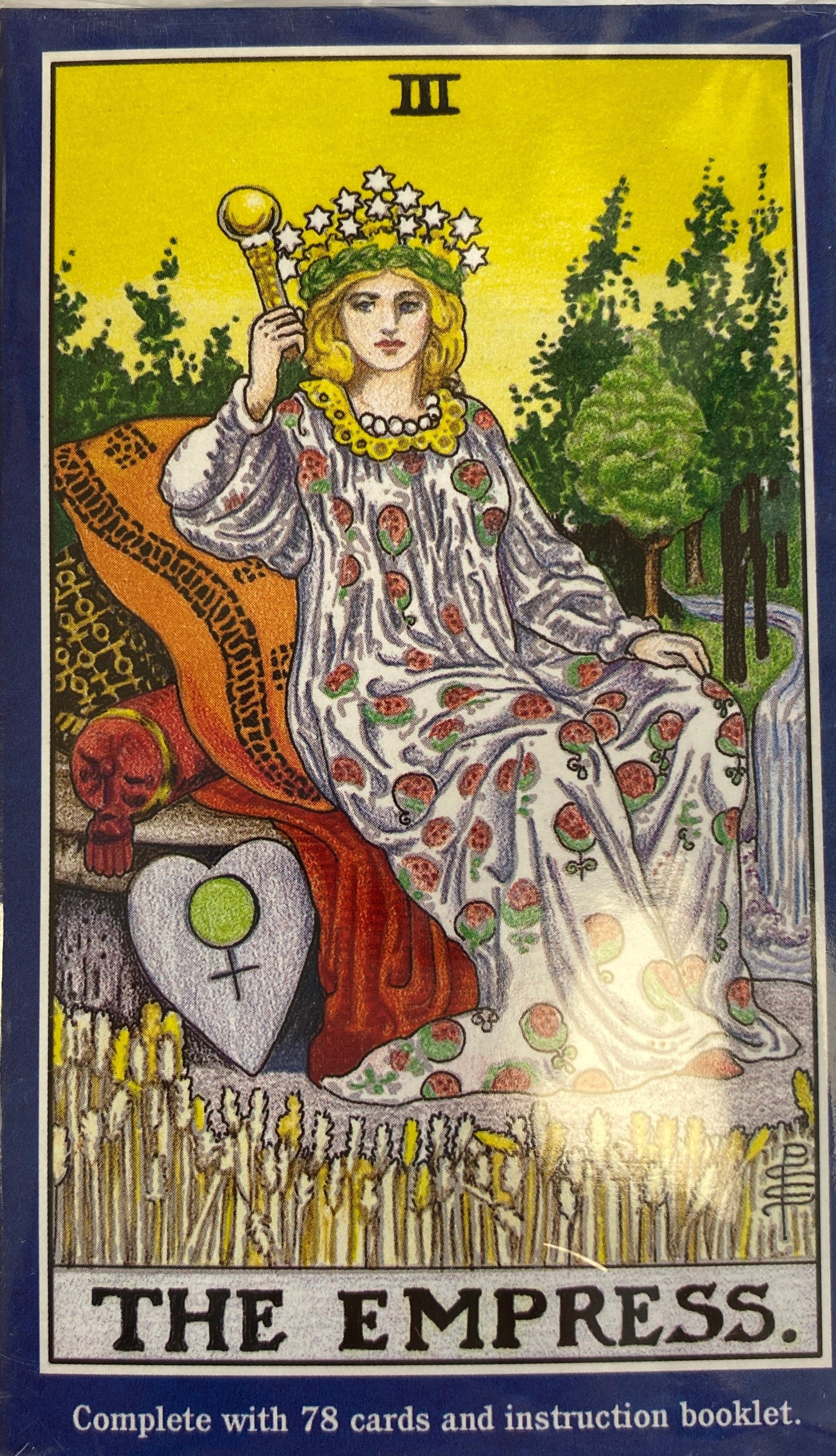 back of box universal Waite tarot with image of the empress sitting on throne 